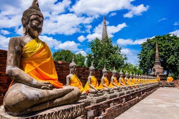 a row of buddha statues in ayutthaya old temple thailand